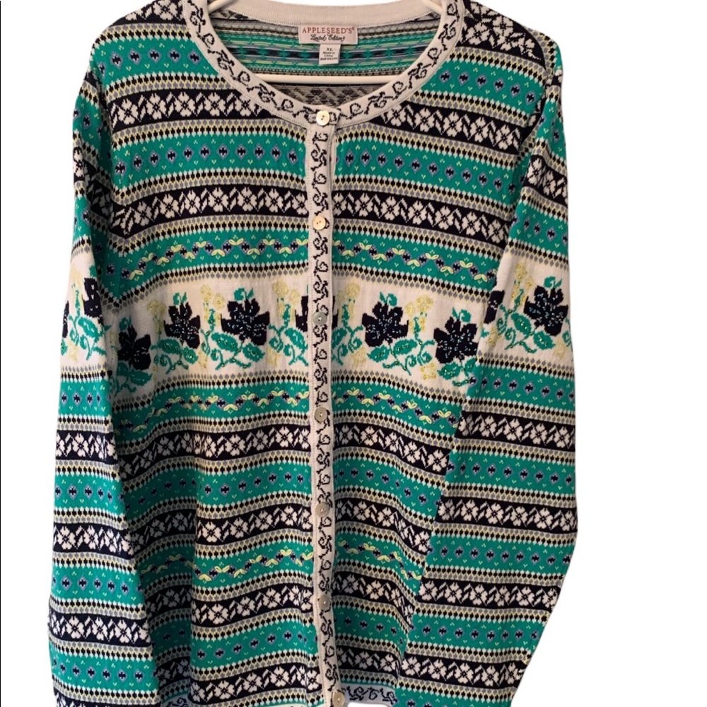 Fair Isle Cotton Cardigan Green/Navy/White Appleseed's Limited Edition Beaded